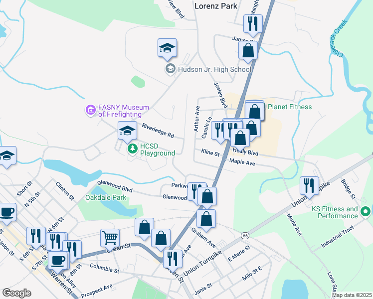 map of restaurants, bars, coffee shops, grocery stores, and more near 5 Joslen Place in Hudson