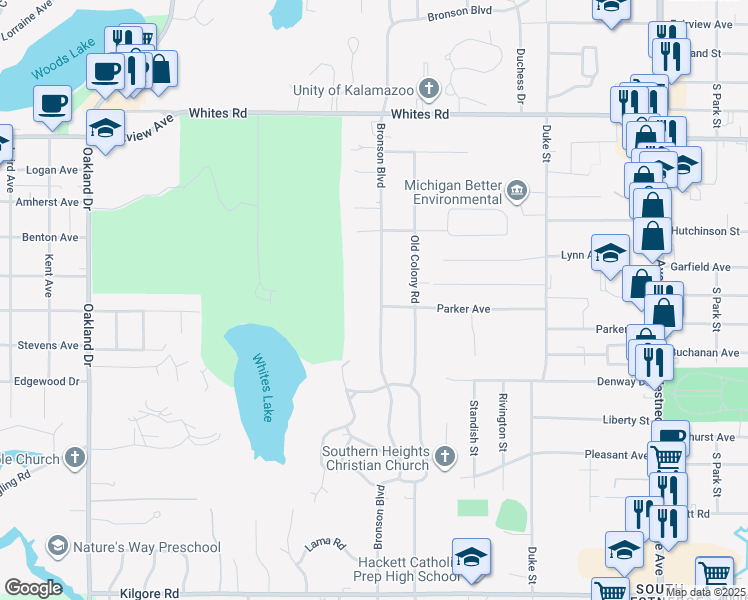map of restaurants, bars, coffee shops, grocery stores, and more near 3704 Bronson Boulevard in Kalamazoo