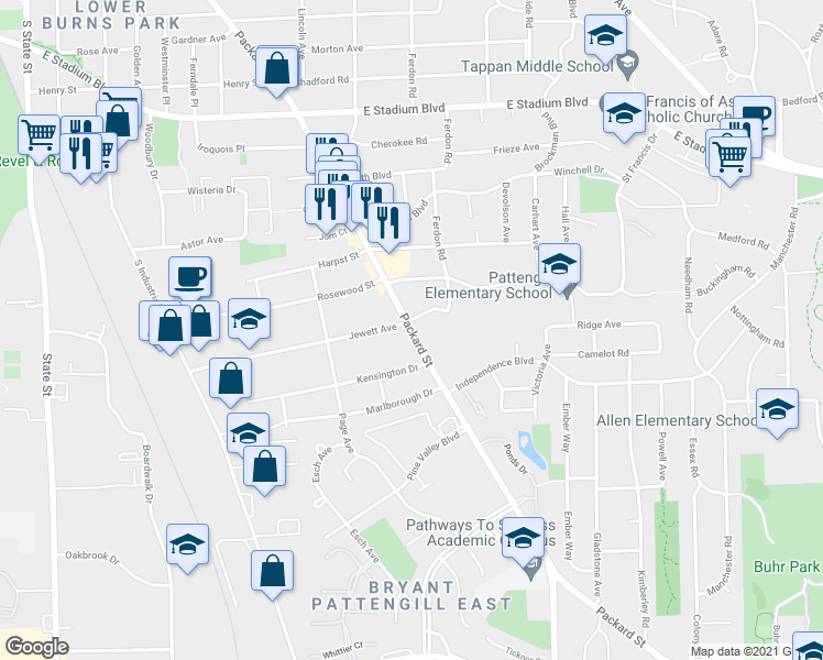 map of restaurants, bars, coffee shops, grocery stores, and more near 2301 Packard Rd in Ann Arbor