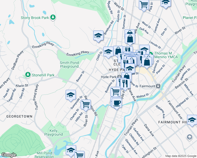 map of restaurants, bars, coffee shops, grocery stores, and more near 1383 River Street in Boston