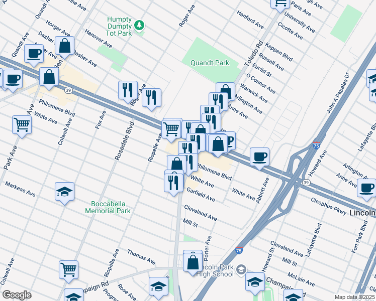map of restaurants, bars, coffee shops, grocery stores, and more near 2060 Dix Highway in Lincoln Park