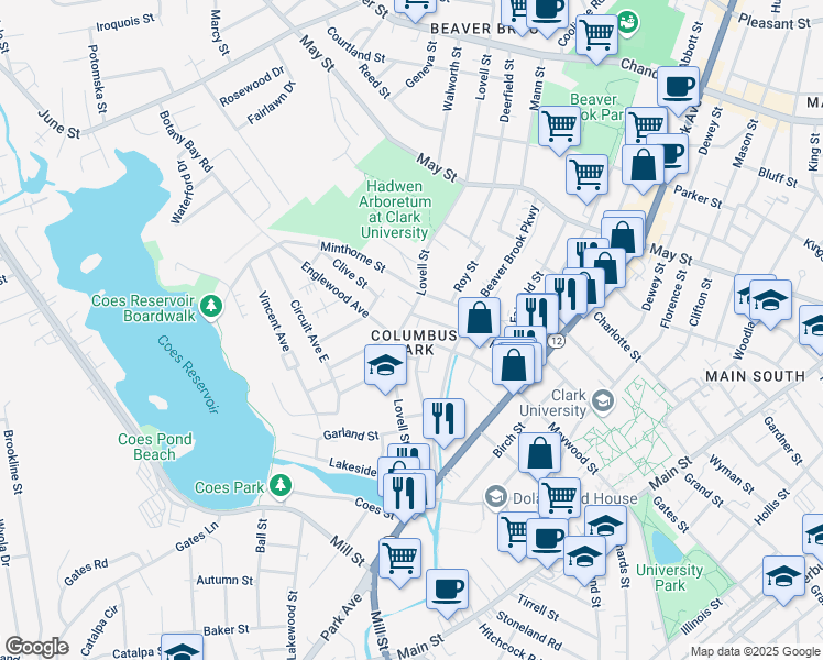 map of restaurants, bars, coffee shops, grocery stores, and more near 144 Maywood Street in Worcester