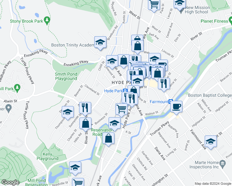 map of restaurants, bars, coffee shops, grocery stores, and more near 27A Business Street in Boston