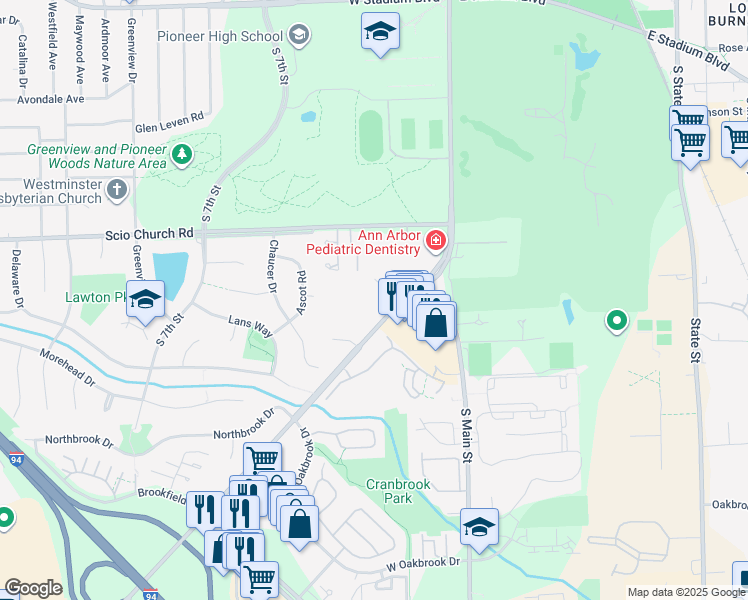 map of restaurants, bars, coffee shops, grocery stores, and more near 2190 Ann Arbor-Saline Road in Ann Arbor