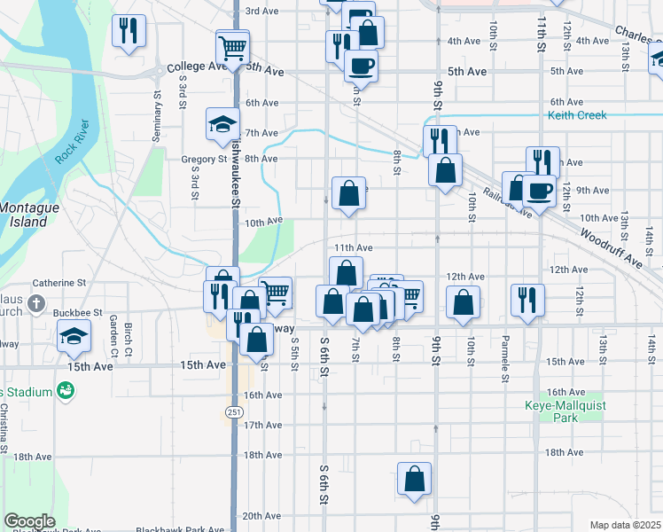 map of restaurants, bars, coffee shops, grocery stores, and more near 1220 South 6th Street in Rockford