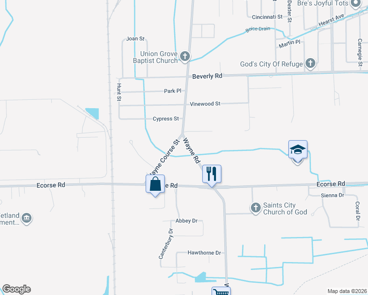 map of restaurants, bars, coffee shops, grocery stores, and more near 6900 Wayne Road in Romulus