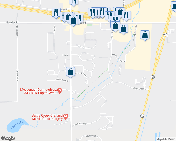 map of restaurants, bars, coffee shops, grocery stores, and more near 1 Rambling Lane in Battle Creek