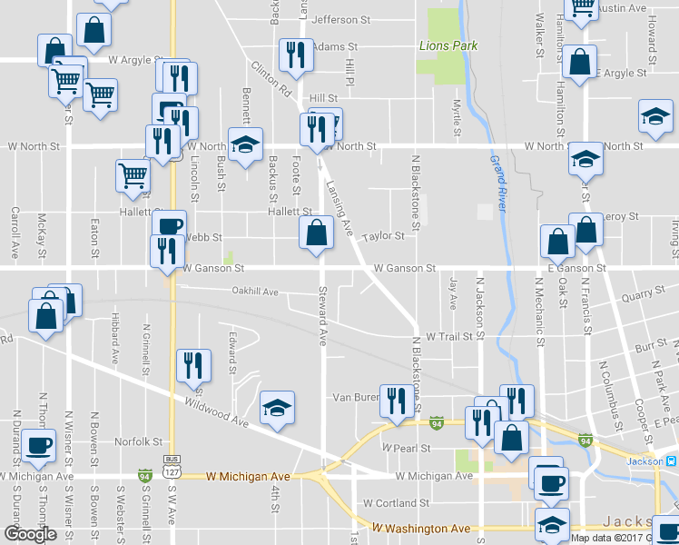 map of restaurants, bars, coffee shops, grocery stores, and more near 417 West Ganson Street in Jackson