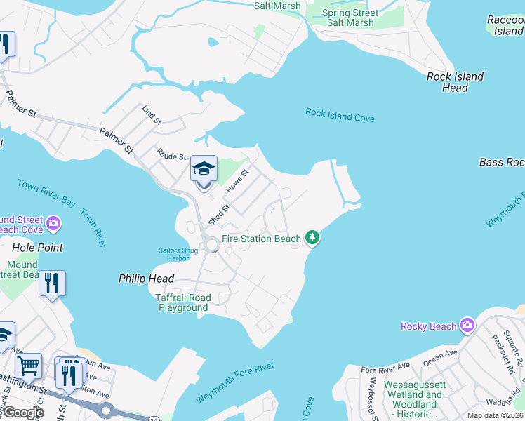 map of restaurants, bars, coffee shops, grocery stores, and more near 9 Quarterdeck Road in Quincy