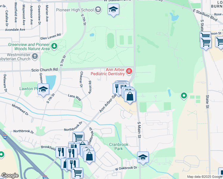 map of restaurants, bars, coffee shops, grocery stores, and more near 2190 Ann Arbor-Saline Road in Ann Arbor