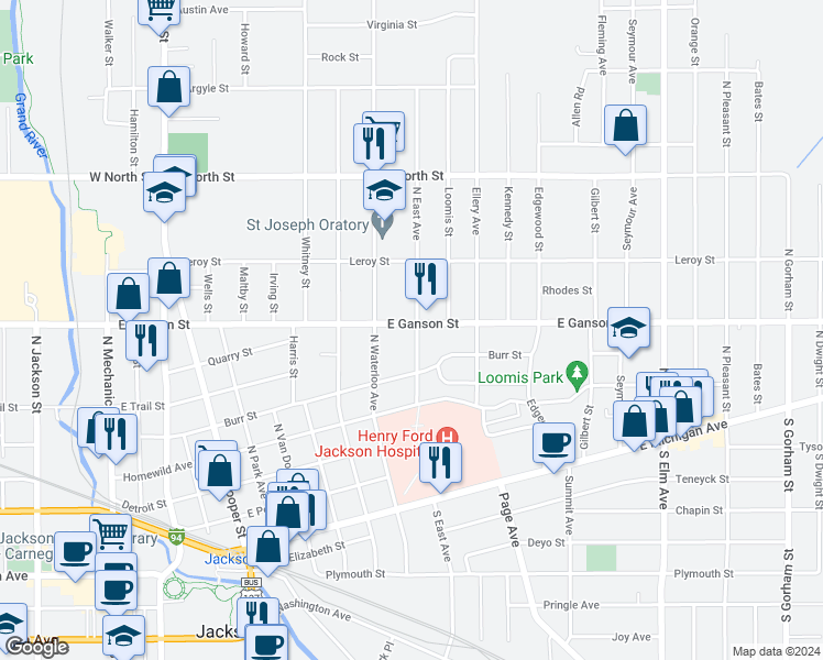 map of restaurants, bars, coffee shops, grocery stores, and more near 1023 East Ganson Street in Jackson