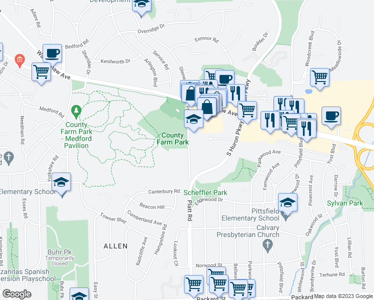 map of restaurants, bars, coffee shops, grocery stores, and more near 2231 Platt Road in Ann Arbor