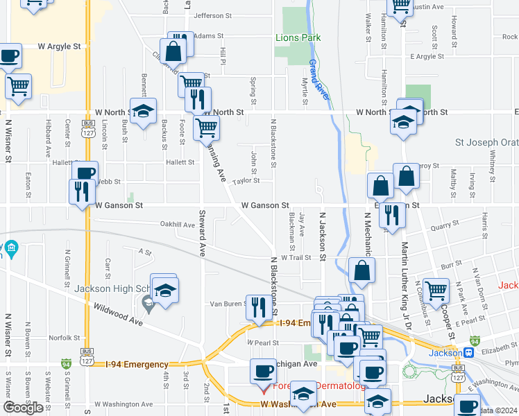 map of restaurants, bars, coffee shops, grocery stores, and more near 313 West Ganson Street in Jackson