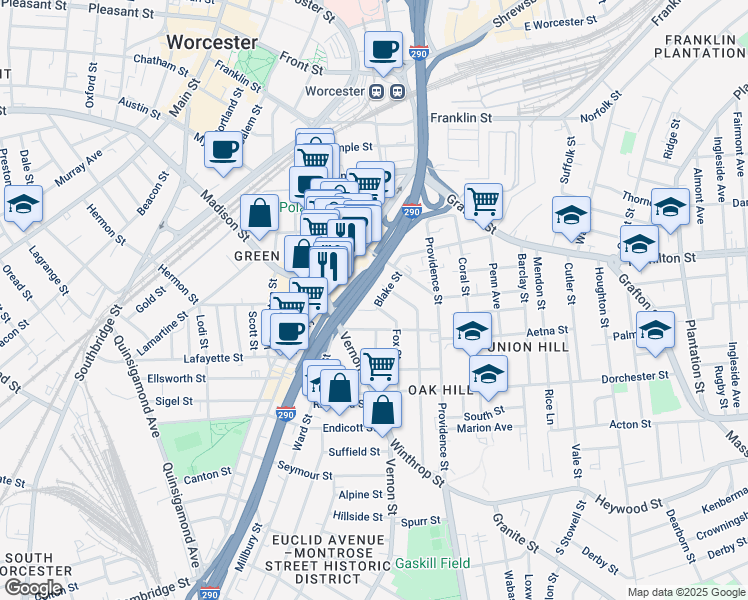 map of restaurants, bars, coffee shops, grocery stores, and more near 35 Fox Street in Worcester