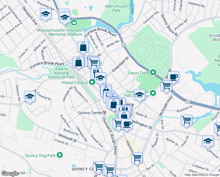 map of restaurants, bars, coffee shops, grocery stores, and more near 13 Linden Court in Quincy