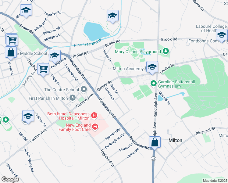 map of restaurants, bars, coffee shops, grocery stores, and more near 22 Sias Lane in Milton