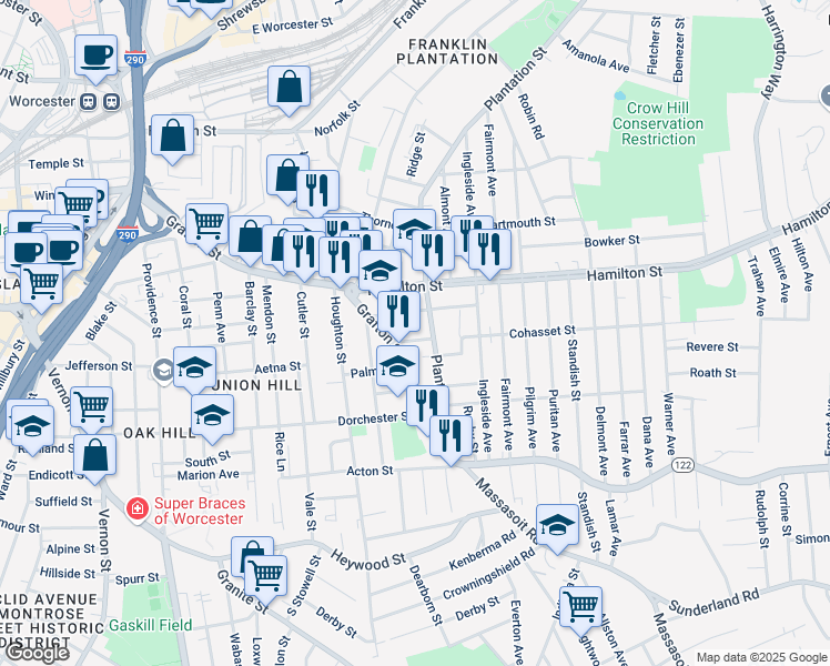 map of restaurants, bars, coffee shops, grocery stores, and more near 15 Caroline Street in Worcester