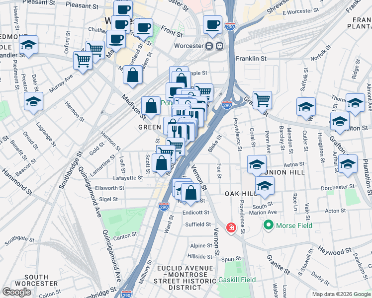 map of restaurants, bars, coffee shops, grocery stores, and more near 1 Kelley Square in Worcester