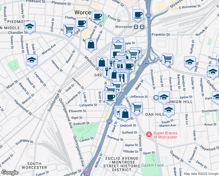 map of restaurants, bars, coffee shops, grocery stores, and more near 185 Madison Street in Worcester