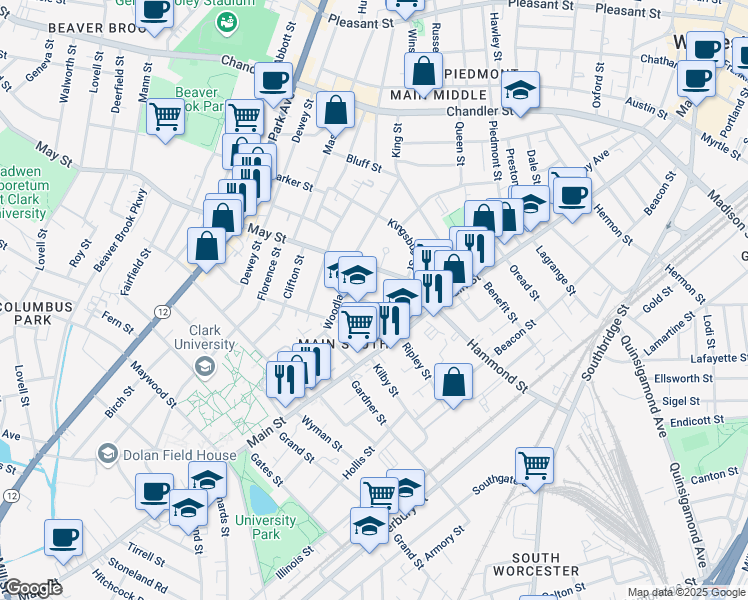 map of restaurants, bars, coffee shops, grocery stores, and more near 8 Silver Street in Worcester