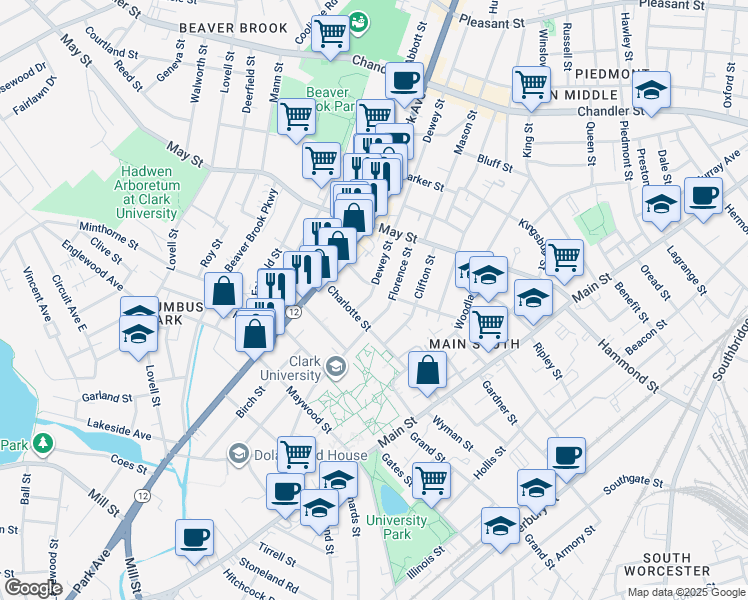 map of restaurants, bars, coffee shops, grocery stores, and more near 204 Dewey Street in Worcester