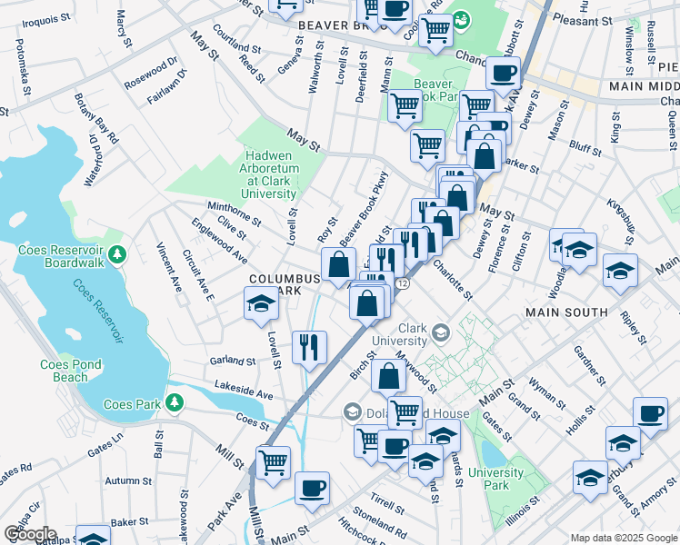 map of restaurants, bars, coffee shops, grocery stores, and more near 25 Friedel Street in Worcester