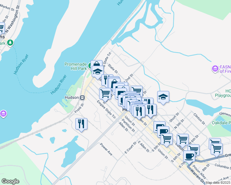 map of restaurants, bars, coffee shops, grocery stores, and more near 22 North 2nd Street in Hudson