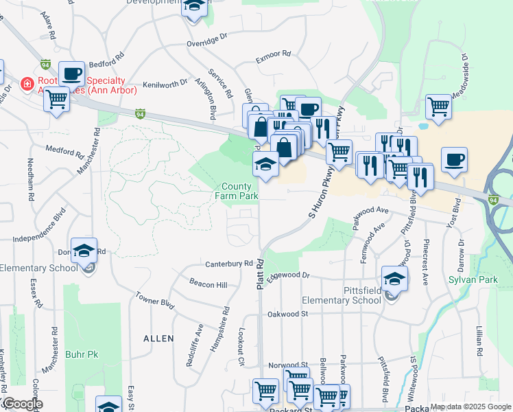 map of restaurants, bars, coffee shops, grocery stores, and more near 2231 Platt Road in Ann Arbor