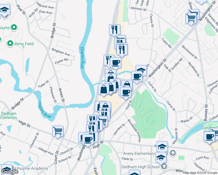 map of restaurants, bars, coffee shops, grocery stores, and more near 290 Providence Highway in Dedham