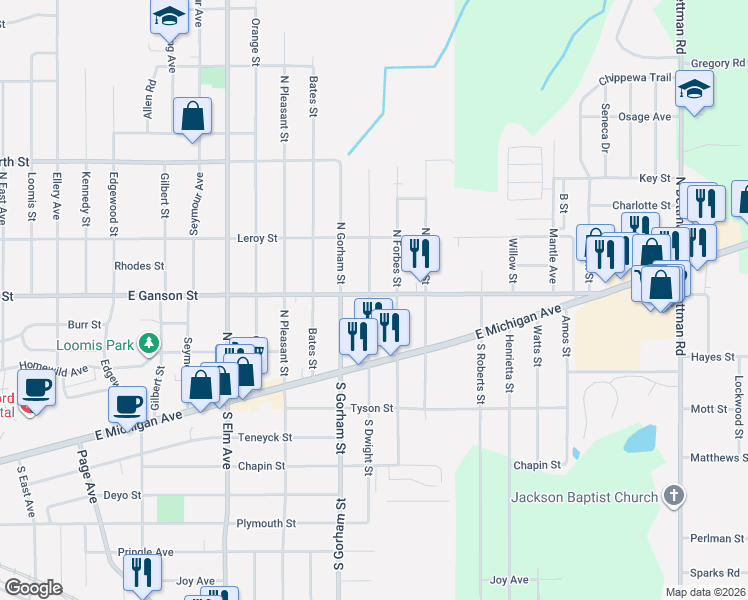 map of restaurants, bars, coffee shops, grocery stores, and more near 2101 East Ganson Street in Jackson