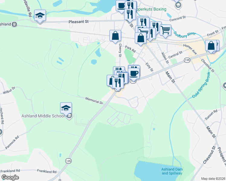 map of restaurants, bars, coffee shops, grocery stores, and more near 25 West Union Street in Ashland