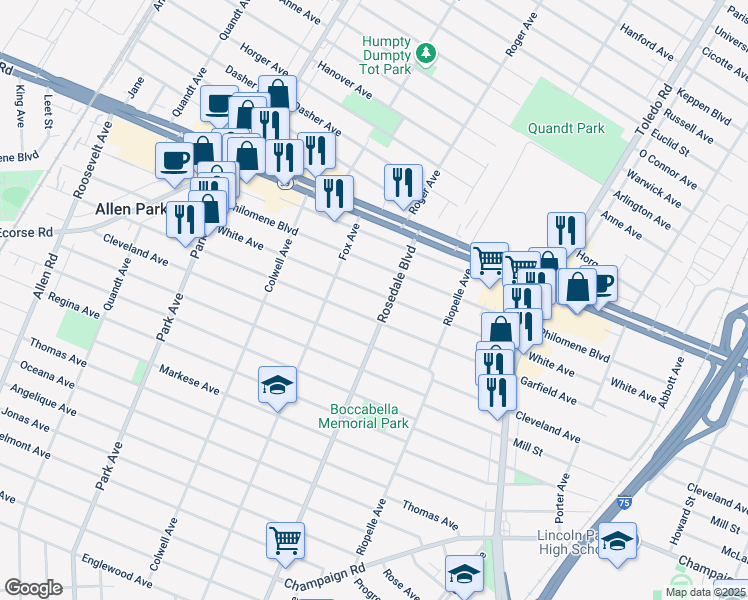 map of restaurants, bars, coffee shops, grocery stores, and more near 4832 White Avenue in Allen Park