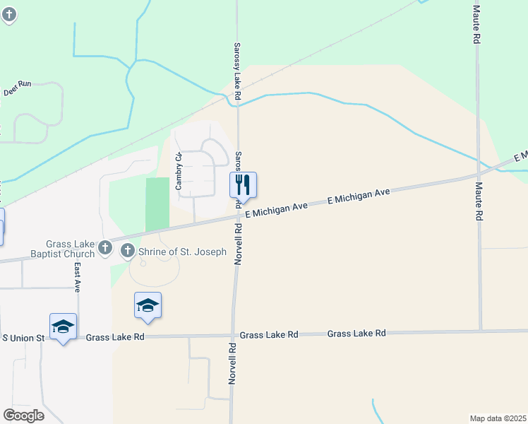 map of restaurants, bars, coffee shops, grocery stores, and more near East Michigan Avenue in Grass Lake Charter Township