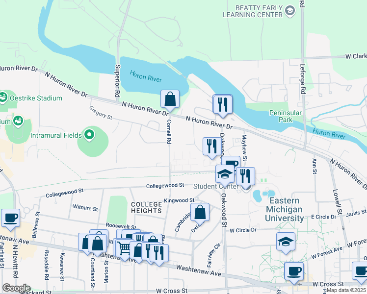 map of restaurants, bars, coffee shops, grocery stores, and more near 207 Cornell Courts in Ypsilanti