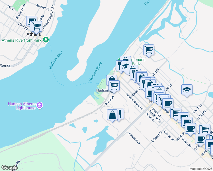 map of restaurants, bars, coffee shops, grocery stores, and more near 1-499 Water Street in Hudson