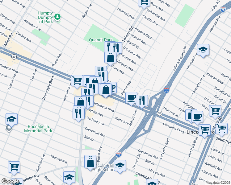 map of restaurants, bars, coffee shops, grocery stores, and more near 1830 Southfield Road in Lincoln Park
