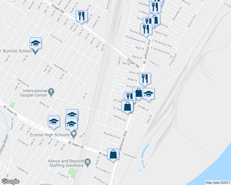 map of restaurants, bars, coffee shops, grocery stores, and more near 51 Elton Street in Ecorse