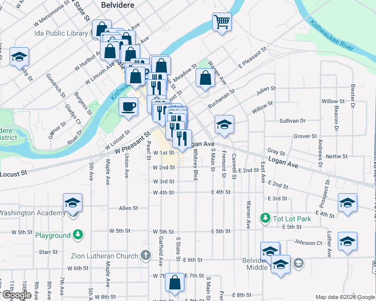 map of restaurants, bars, coffee shops, grocery stores, and more near 600 South State Street in Belvidere