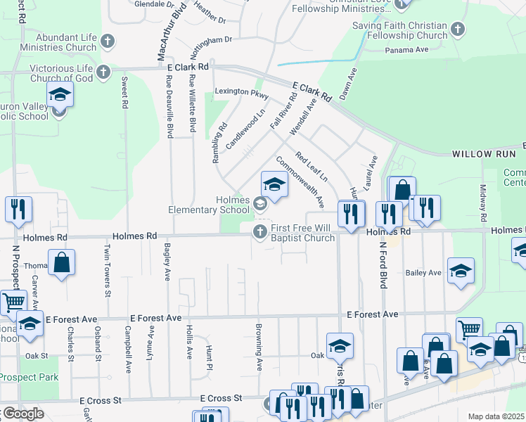 map of restaurants, bars, coffee shops, grocery stores, and more near 1255 Holmes Road in Ypsilanti