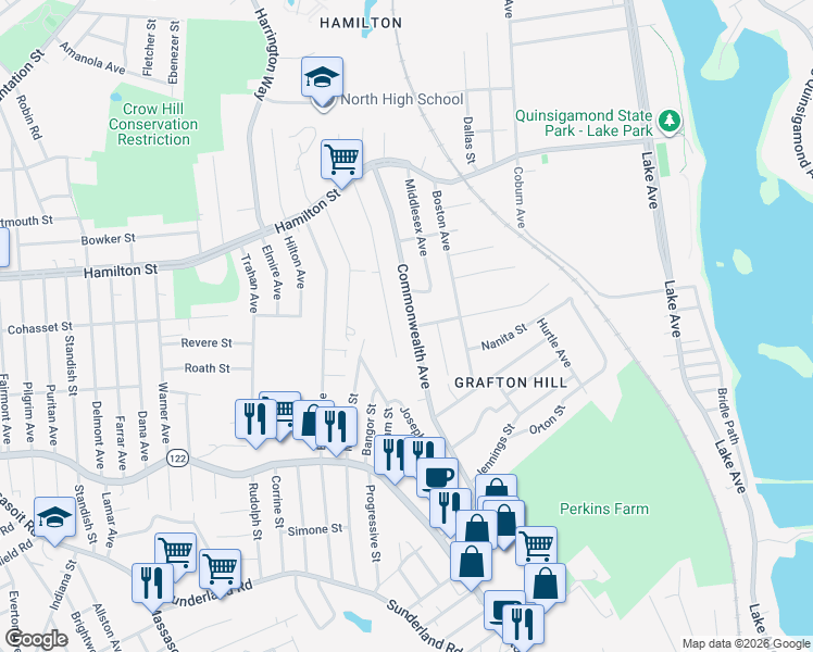 map of restaurants, bars, coffee shops, grocery stores, and more near 69 Commonwealth Avenue in Worcester