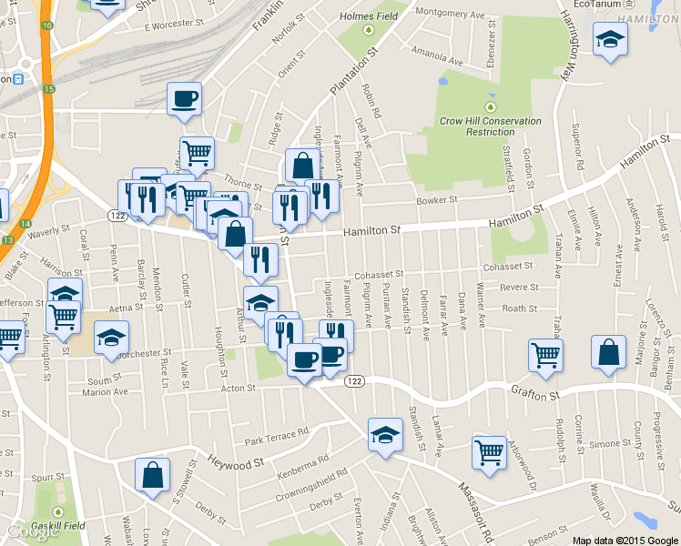map of restaurants, bars, coffee shops, grocery stores, and more near 146 Fairmont Avenue in Worcester