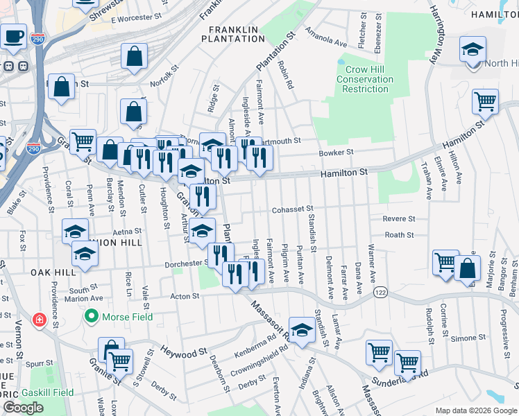 map of restaurants, bars, coffee shops, grocery stores, and more near 146 Fairmont Avenue in Worcester