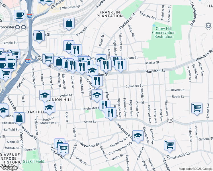 map of restaurants, bars, coffee shops, grocery stores, and more near 15 Caroline Street in Worcester