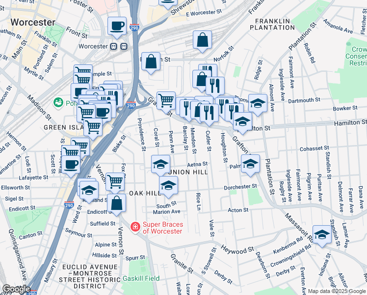 map of restaurants, bars, coffee shops, grocery stores, and more near 59 Penn Avenue in Worcester