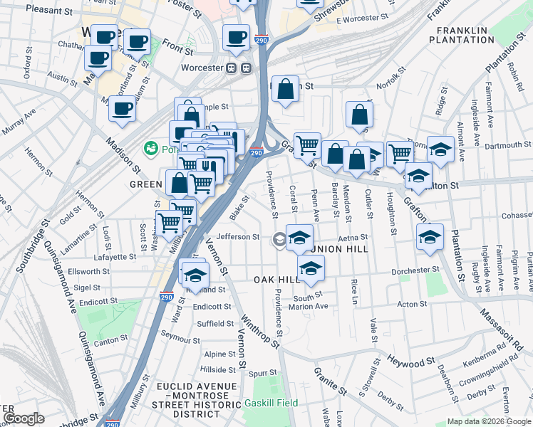 map of restaurants, bars, coffee shops, grocery stores, and more near in Worcester