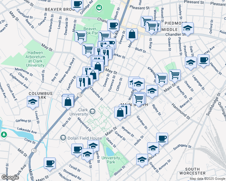 map of restaurants, bars, coffee shops, grocery stores, and more near 21 Florence Street in Worcester