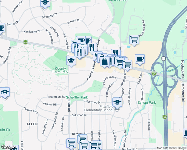map of restaurants, bars, coffee shops, grocery stores, and more near 2201 South Huron Parkway in Ann Arbor