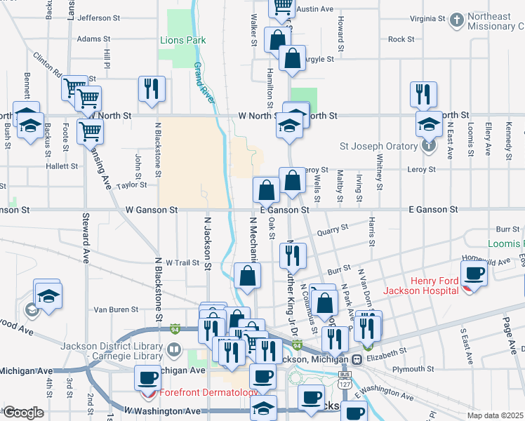 map of restaurants, bars, coffee shops, grocery stores, and more near 109 East Ganson Street in Jackson