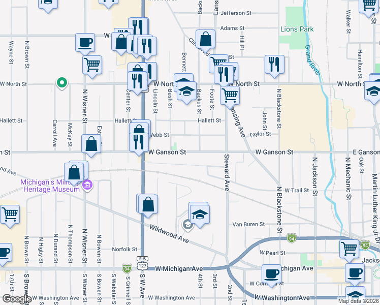 map of restaurants, bars, coffee shops, grocery stores, and more near 622 West Ganson Street in Jackson