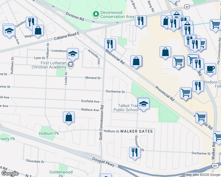 map of restaurants, bars, coffee shops, grocery stores, and more near 3960 Concession Road 6 in Windsor